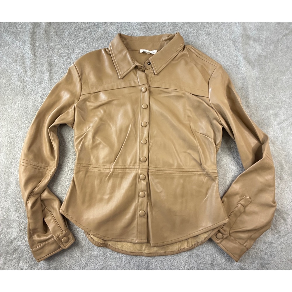heartloom Faux Leather Top Womens Size M Tan Button Down Long Sleeve Shacket